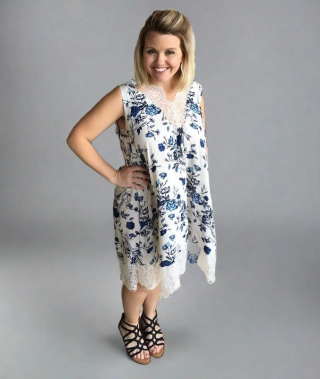 Navy and cream floral print dress with lace trim