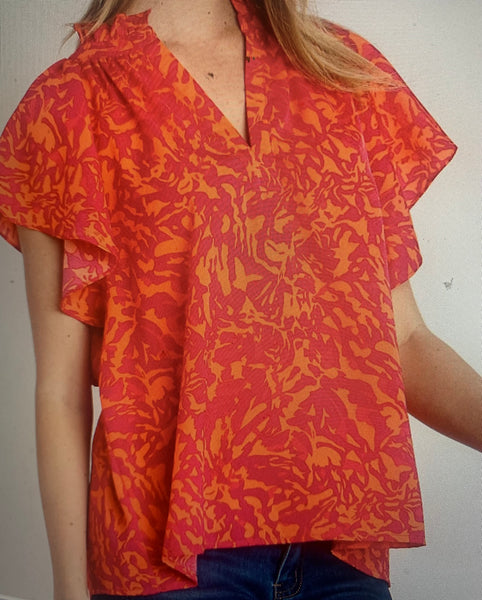 Orange Printed Shirt Style Top