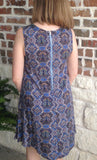 blue print sleeveless dress with exposed zipper