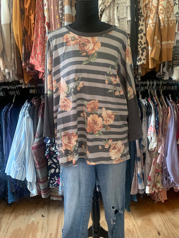 plus size grey top with floral and stripes