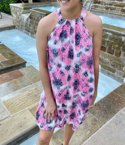 pink print open shoulder dress, perfect for vacation
