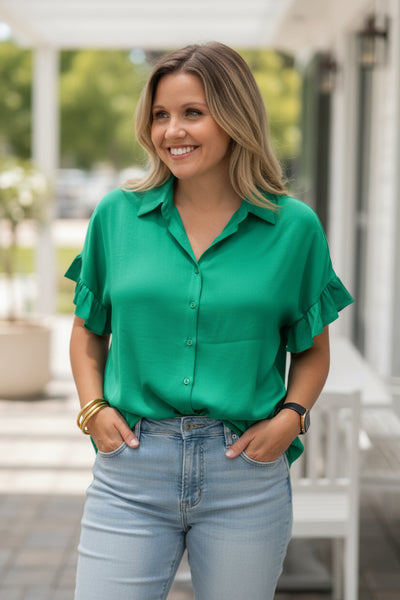 Kelly Green Blouse with Ruffle Sleeves