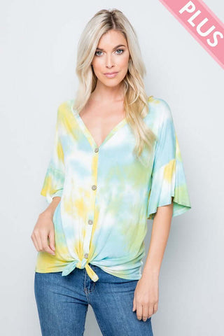 yellow and mint tie dye top in plus sizes