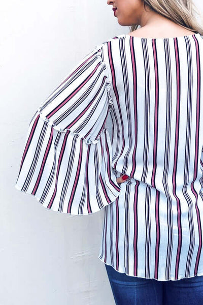 Shuffle Striped Bell Sleeve Crop Top