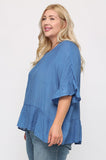plus size spring and summer top in blue with a ruffle hem