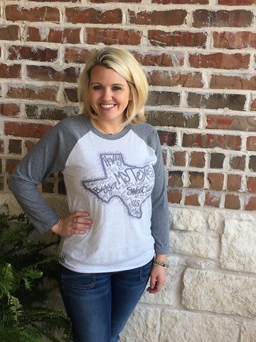 Texas graphic tee, all things texas, white tee with grey sleeves a bestseller in our boutique aunt lillie bells