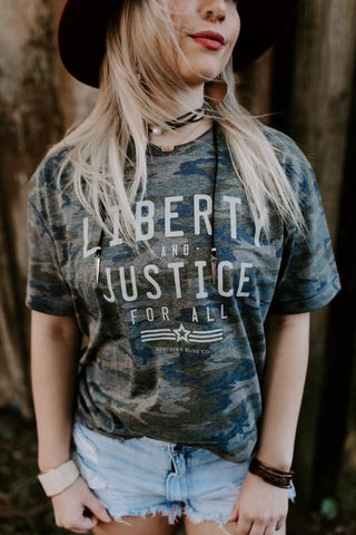 Liberty and Justice for all graphic tee in our bourtique Aunt Lillie Bells