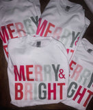Merry and bright Christmas tee in pink and reds