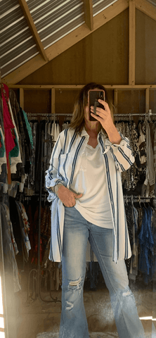 long blue and white stripped top that can be worn as a jacket