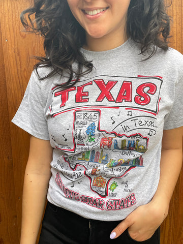 state of texas graphic tee with all things about Texas