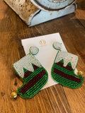 Christmas elf shoe with jingle bell sead bead earrings at aunt lillie bells