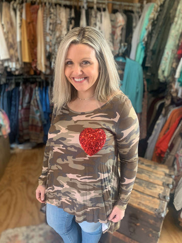 camo top with a red sequin heart in our boutique aunt lillie bells