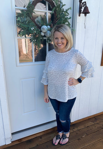 white andgrey leopard ruffle top in plus sizes