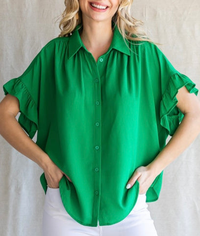kelly green blouse with ruffle sleeves in our boutique