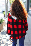 red and black buffalo plaid jacket with a hood