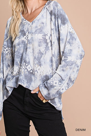 aztec denim casual top in our boutique