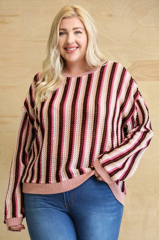 plus size curvy pink striped lightweight sweater