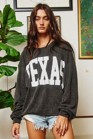 Texas sweatshirt with ribbed material and large block lettering in our boutique Aunt Lillie Bells