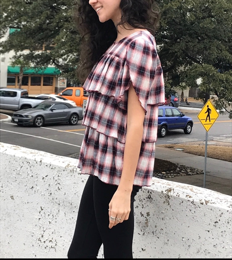 Pink and grey plaid blouse for spring and summer