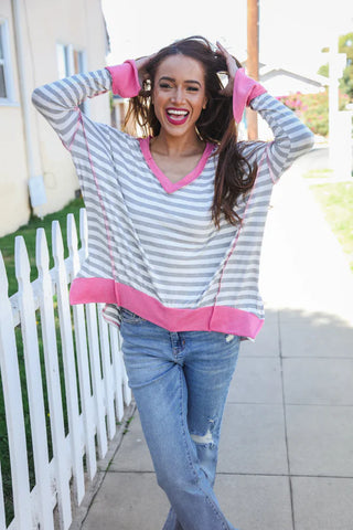 pink grey and white stried top