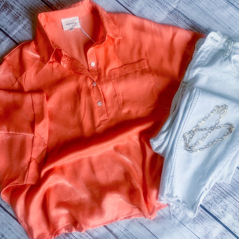 orange satin top in regular and plus size in our boutique aunt lillie bells