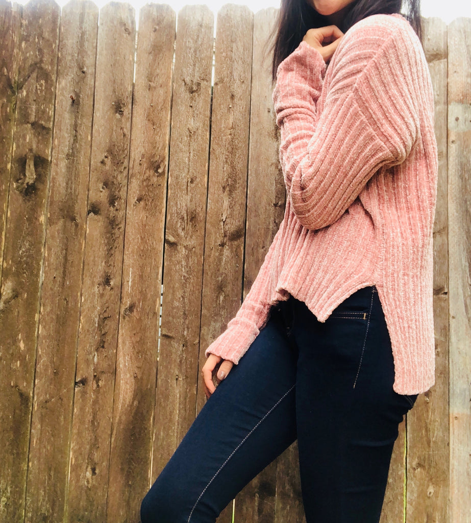 pink chenille sweater in our boutique 