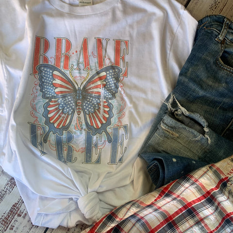 Brave and Free patriotic butterfly, red white and blue graphics,
