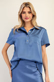 blue satin blouse for work or play
