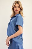 blue satin blouse for work or play