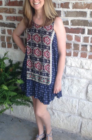 Navy print sleeveless summertime dress perfect the beach