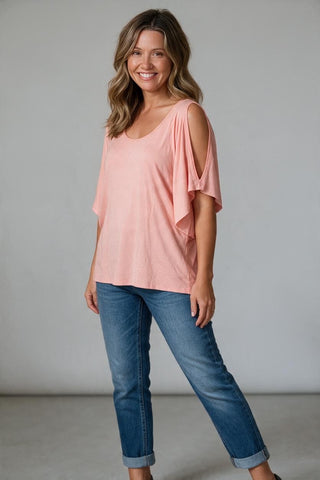 peach top with open slit short sleeves