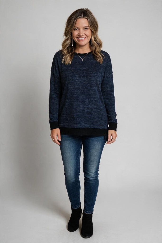 navy sweater with cute criss cross back detail