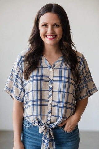 blue and tan plaid top with front tie