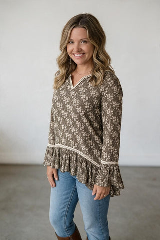 brown print ruffle hem top