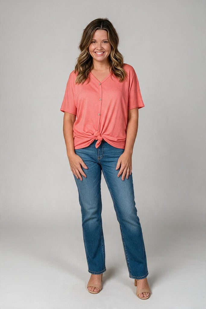 coral waffle weave front tie top