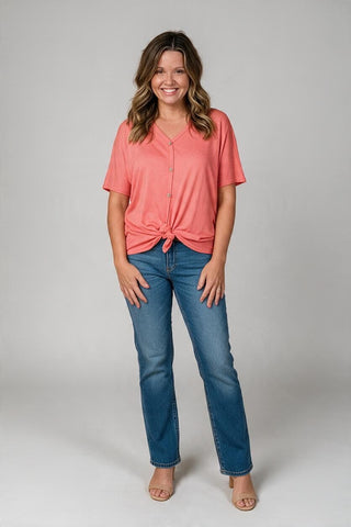 coral waffle weave front tie top