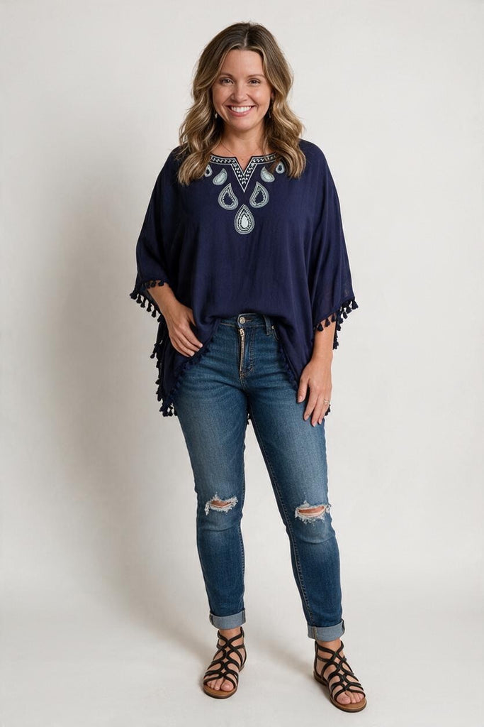 navy embroidered poncho top 