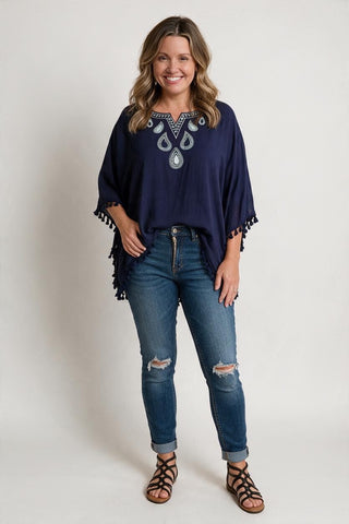 navy embroidered poncho top 