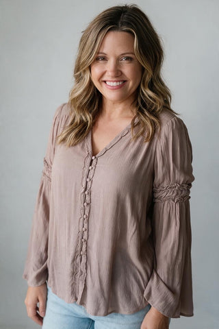 taupe blouse with cute button and sleeve detail
