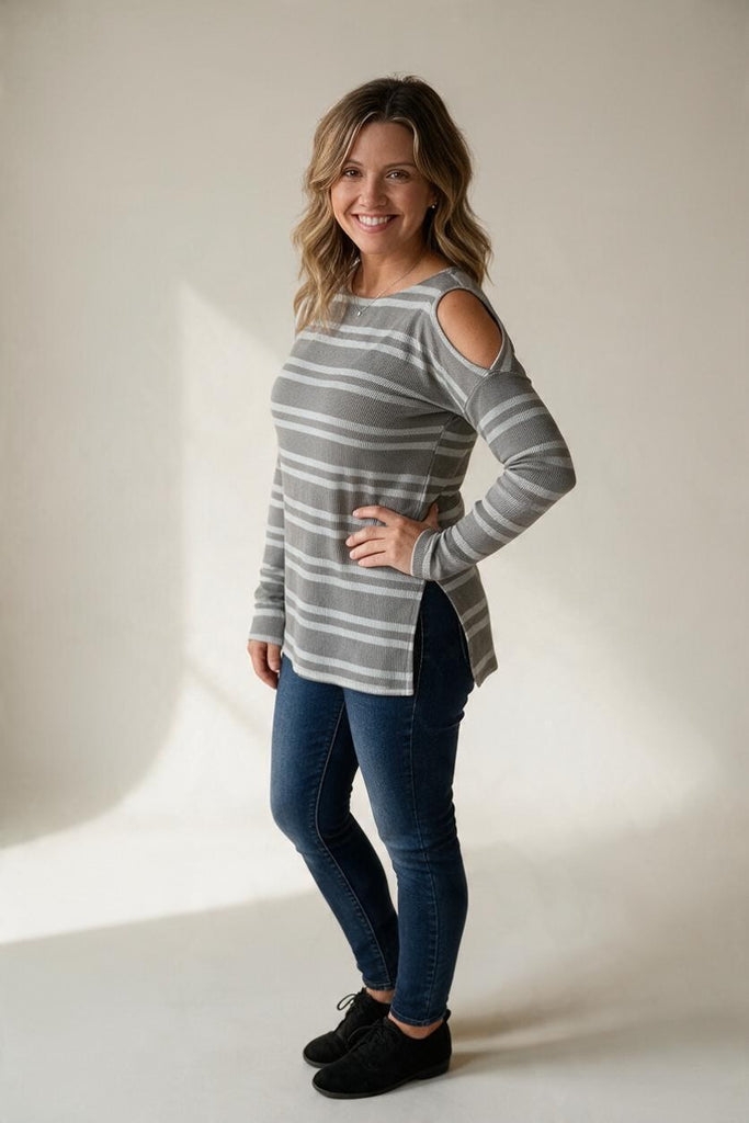 grey and white open shoulder top