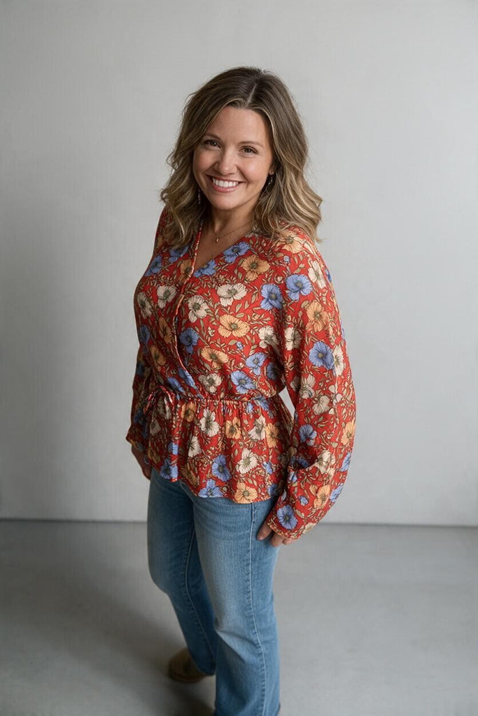 red and gold floral print top for fall