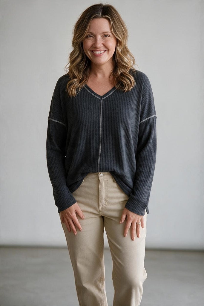 grey odd the shoulder exposed seams waffle weave top for fall