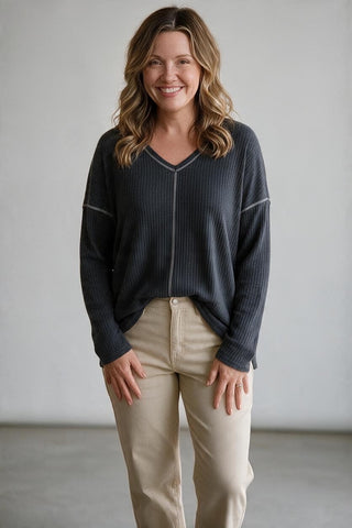 grey odd the shoulder exposed seams waffle weave top for fall