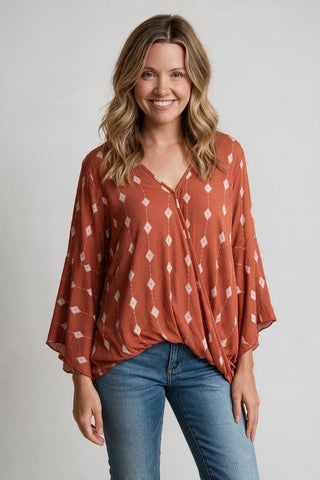 rust print pattern top, with draped front