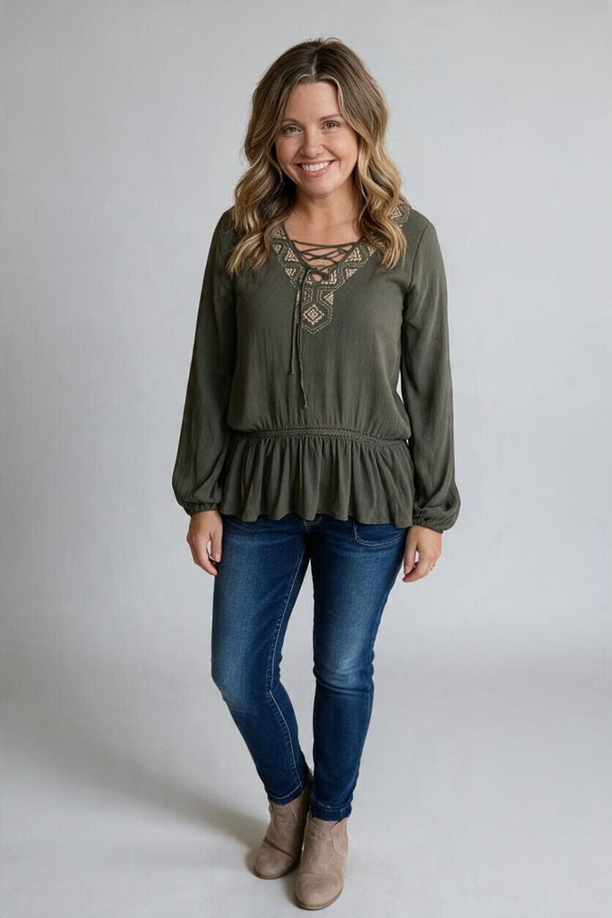 olive ruffle and embroidery top