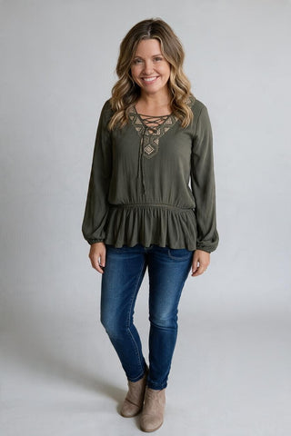 olive ruffle and embroidery top