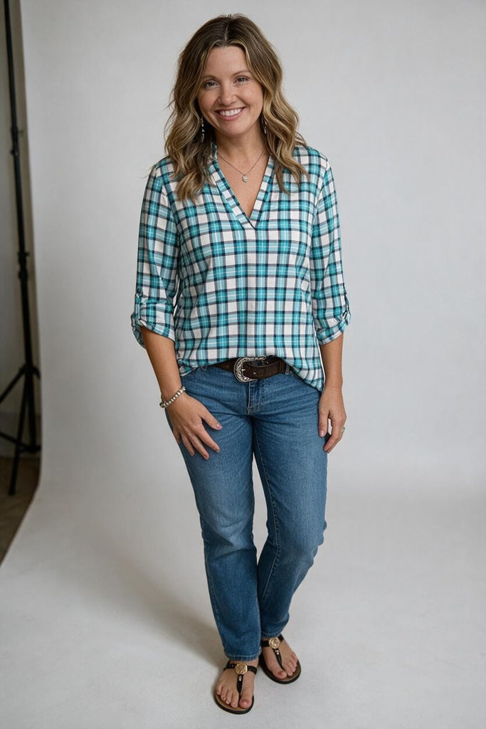blue and white plaid top with tab sleeves