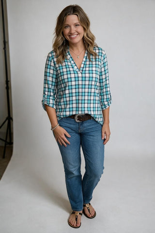 blue and white plaid top with tab sleeves