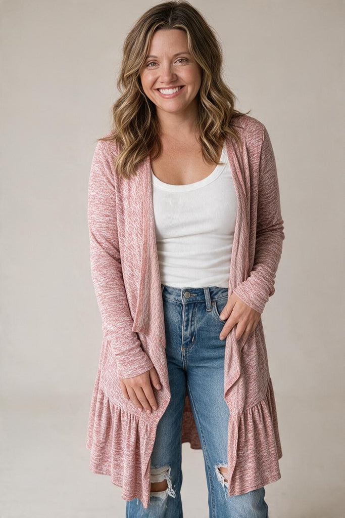 maroon cardigan with a ruffle hem