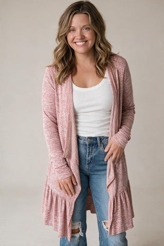 maroon cardigan with a ruffle hem